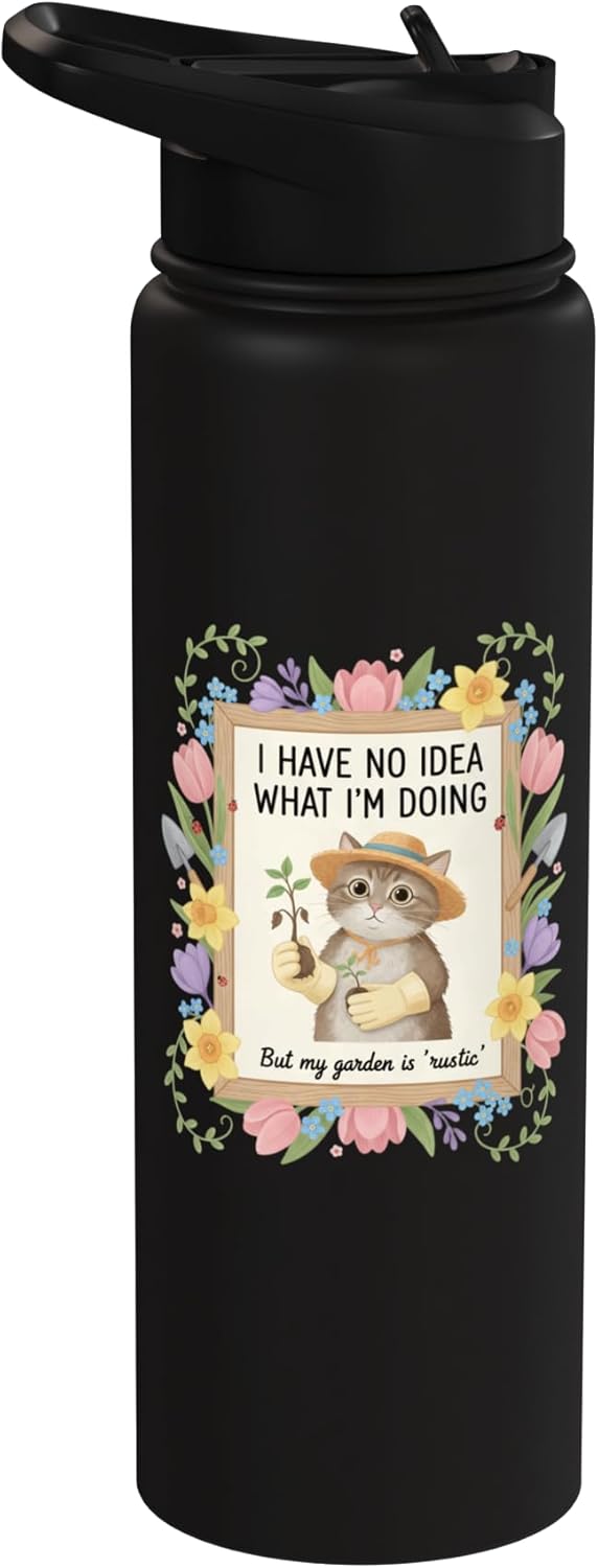 Botella agua acero inox con flores y gato