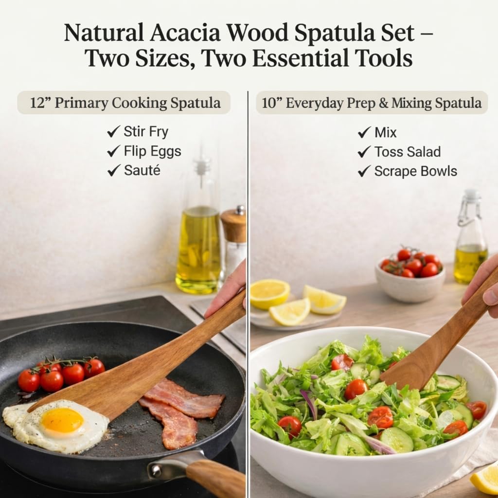 Juego de espátulas de madera de acacia paquete 2 12 y 10 pulgadas antiarañazos para cocina