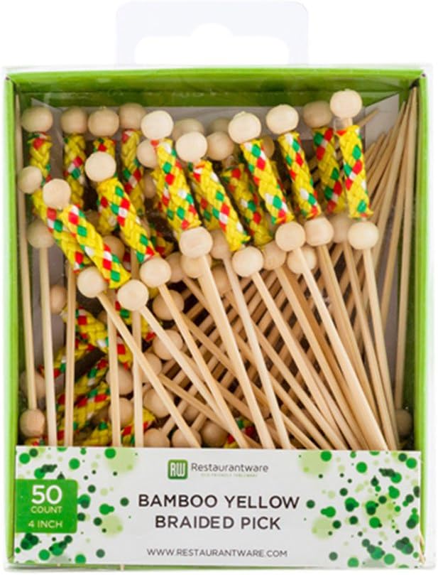 Púas cóctel 4pulg brochetas frutas trenzadas bambú amarillo