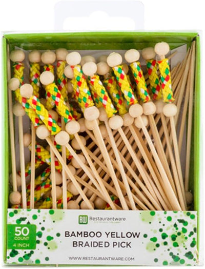 Púas cóctel 4pulg brochetas frutas trenzadas bambú amarillo