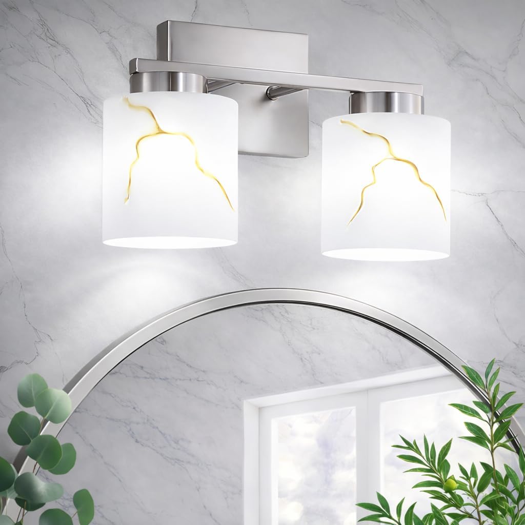 Lámpara baño nickel cepillado 2 luces con vidrio mármol blanco
