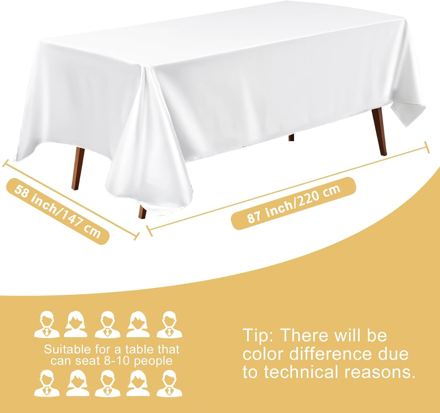 Mantel de satén rectangular blanco brillante lavable para comedor y eventos