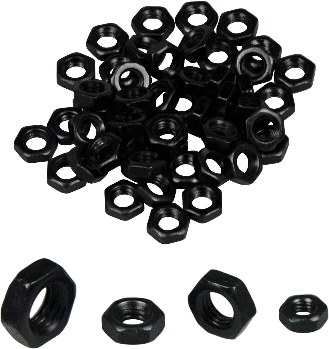 50 Tuercas Hex M4 Acero Carbono Oxidado Negro Caja Plástico
