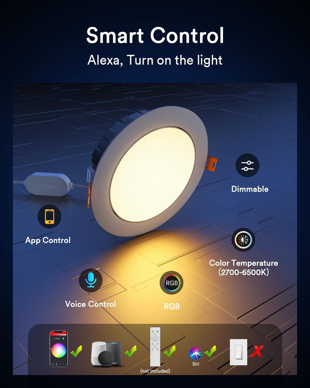 Iluminación empotrable LED 4pulg RGBWW ajustable WiFi Alexa Google