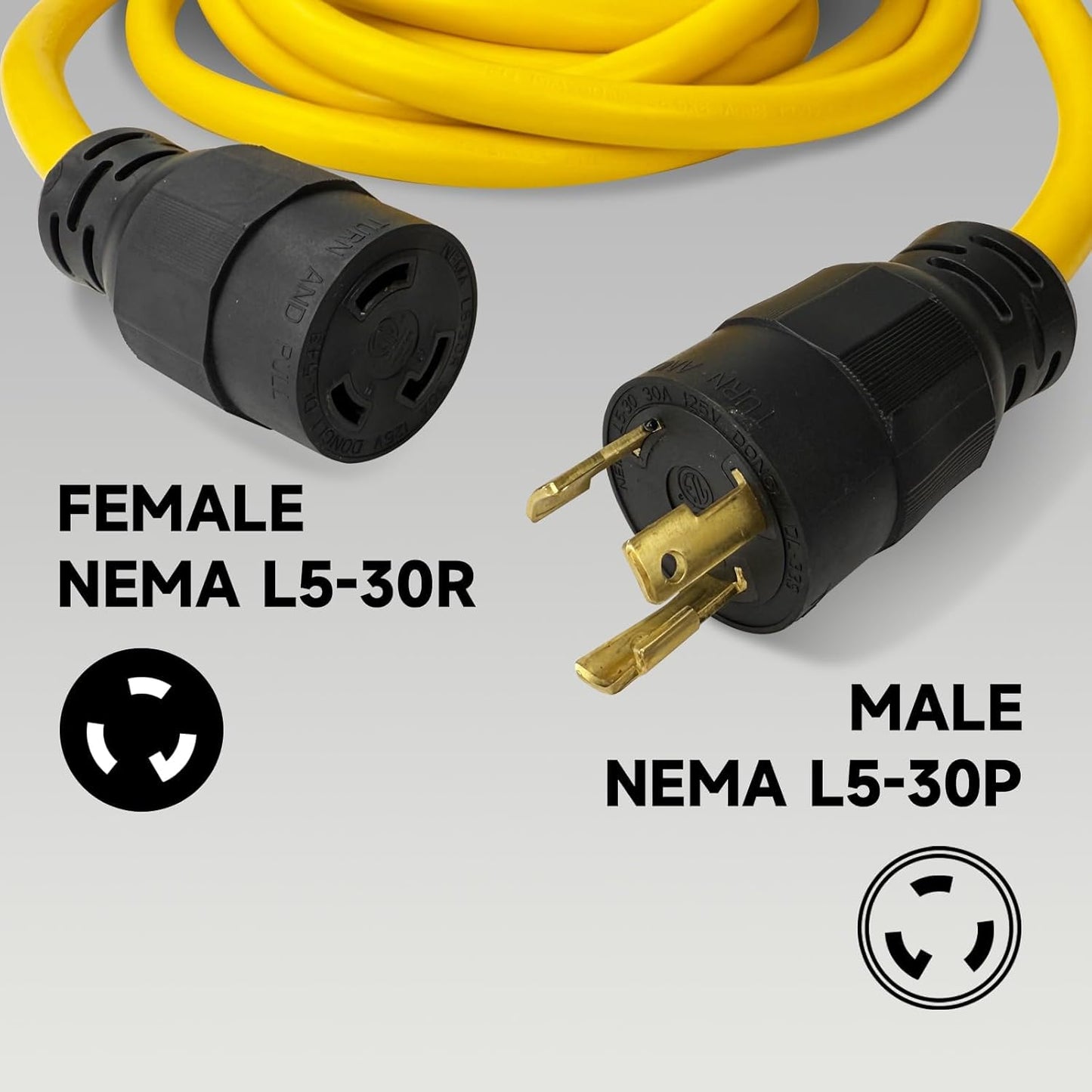 Cable extensión generador 50ft 30A 125V NEMA L5-30P/R negro