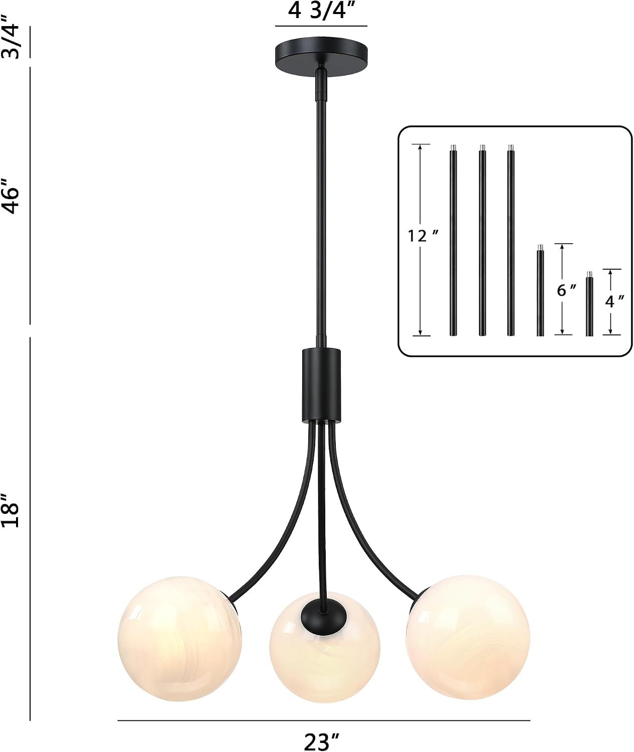 Lámpara Sputnik de cristal negro 3 luces para comedor y sala