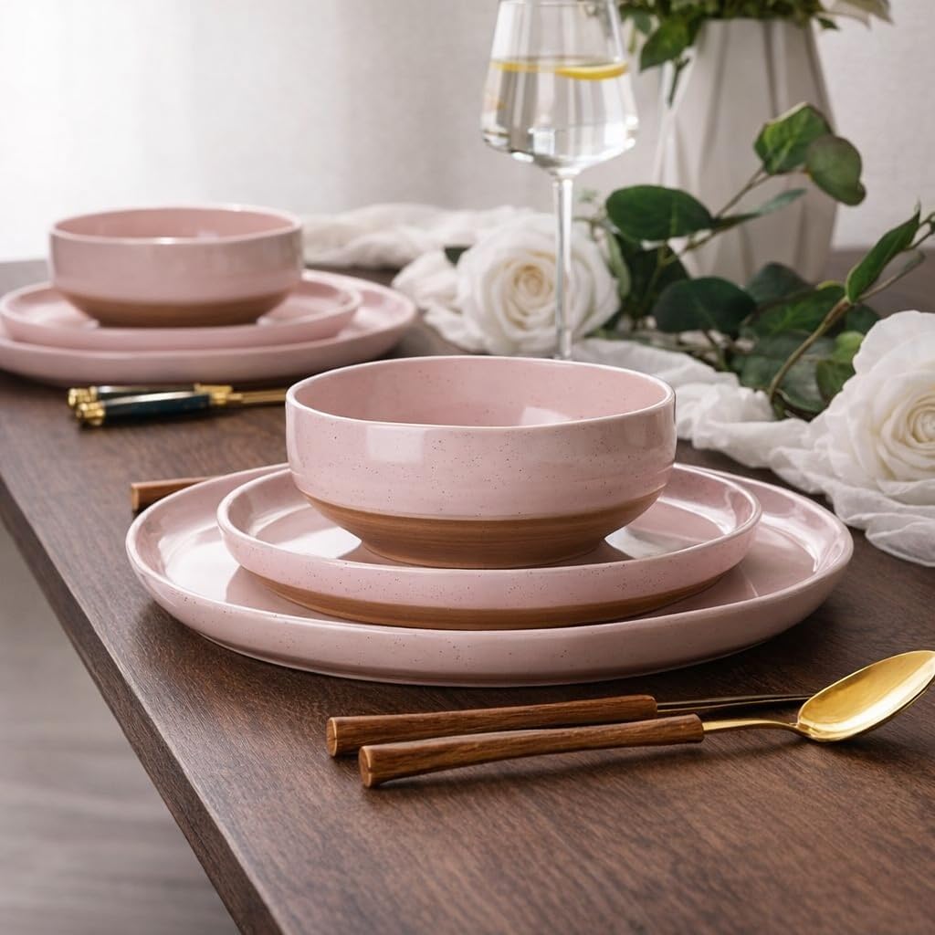 Set 24 Pzas Vajilla Cerámica Rosa Esmaltado Moteado