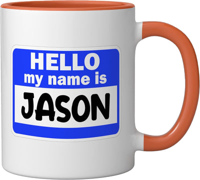 Taza cerámica con nombre Jason en etiqueta de presentación naranja/blanca