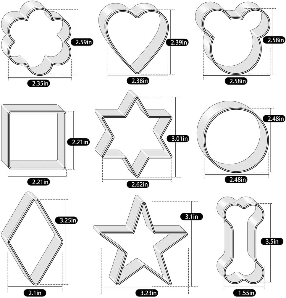 Juego de 9 cortadores de galletas de acero inoxidable con forma corazón, flor, ratón, redondo, estrella, cuadrado y hueso de perro