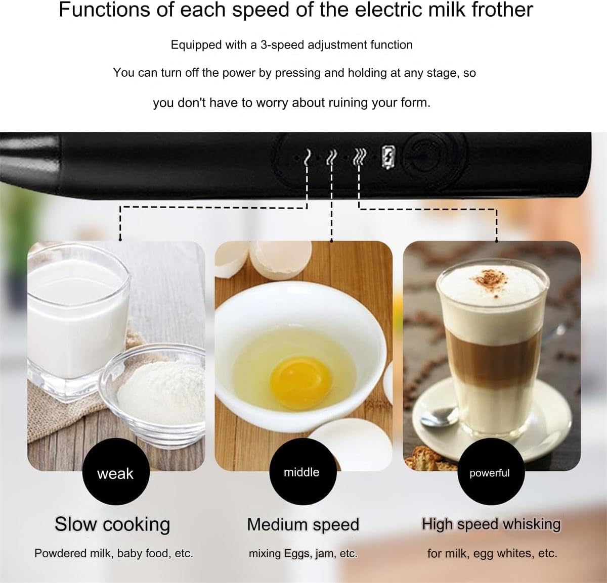 Espumador de leche eléctrico recargable con batidor de acero inoxidable, negro