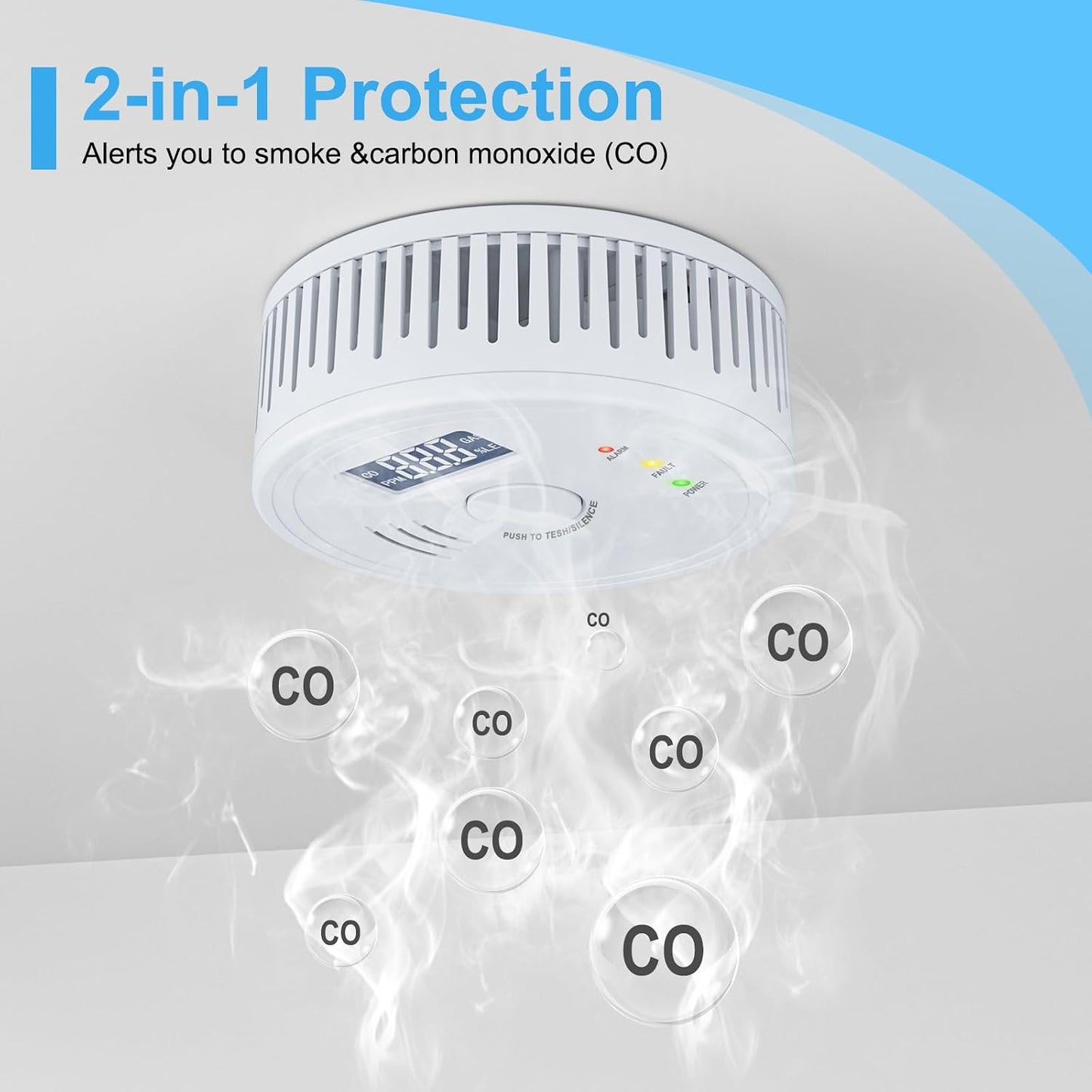 Detector humo y CO 2en1 con pantalla LCD y alertas de voz