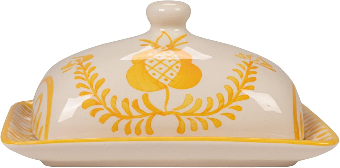 Plato mantequera cerámica diseño botánico amarillo y blanco
