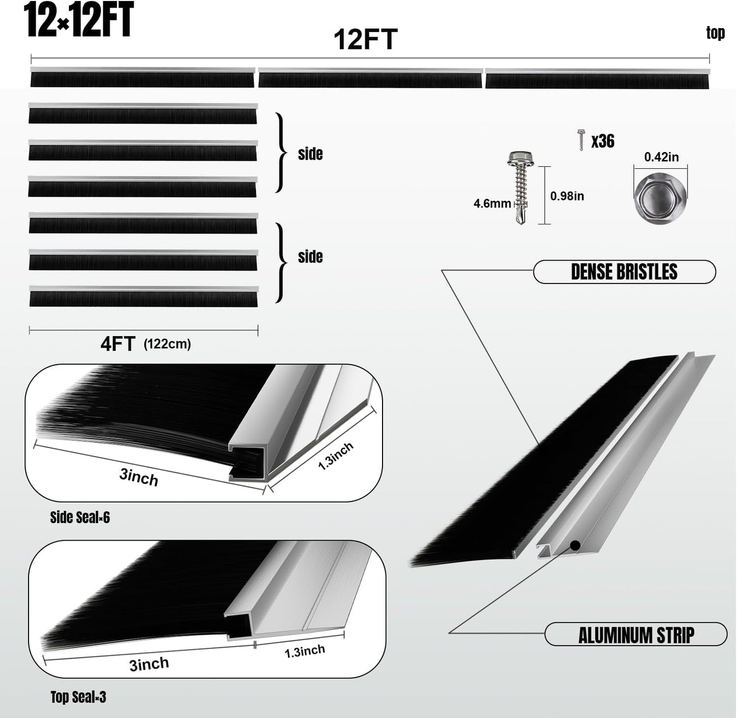 Kit sello cepillo puerta garaje 3pulg 12x12ft aluminio
