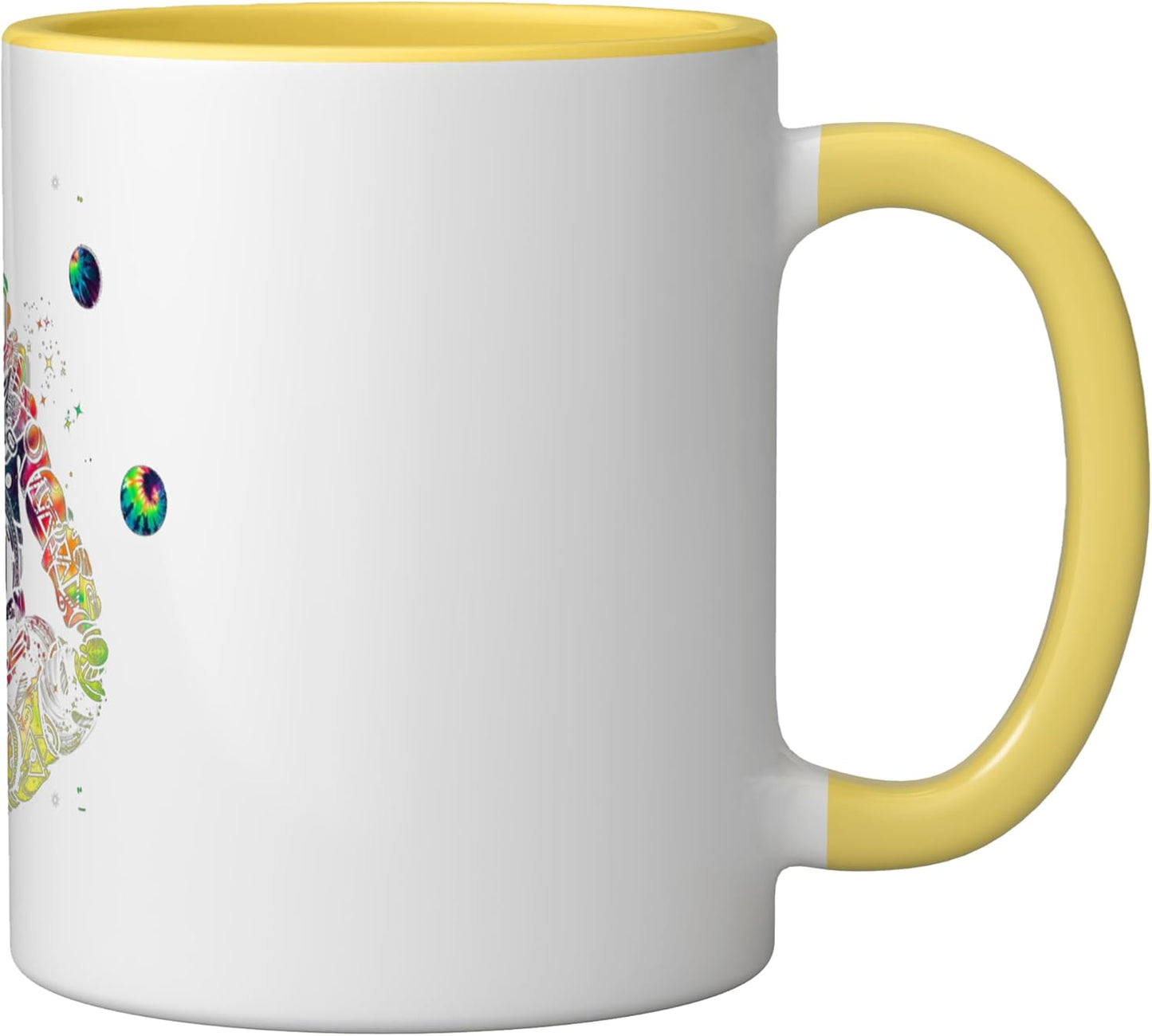 Taza cerámica Tie Dye Astronaut Yoga Namaste Chakras amarillo/blanco