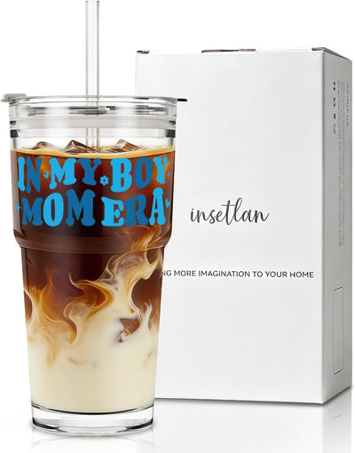 Vaso 20oz Vidrio con Tapón y Popote Regalo para Mamá