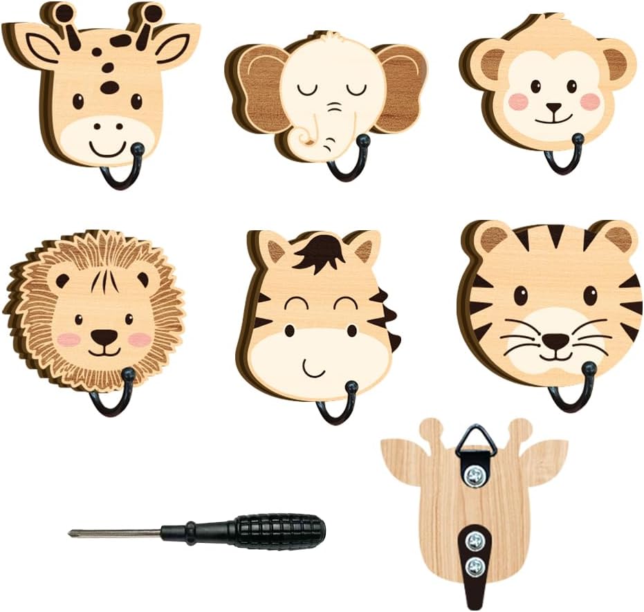 6 Ganchos Madera Animales Selva Decorativos Pared