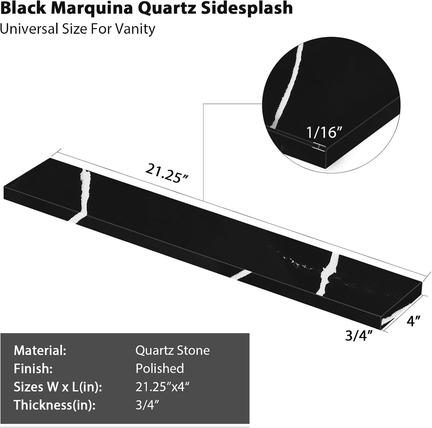 Salpicaduras laterales cuarzo para lavabo 21x4pulg negras