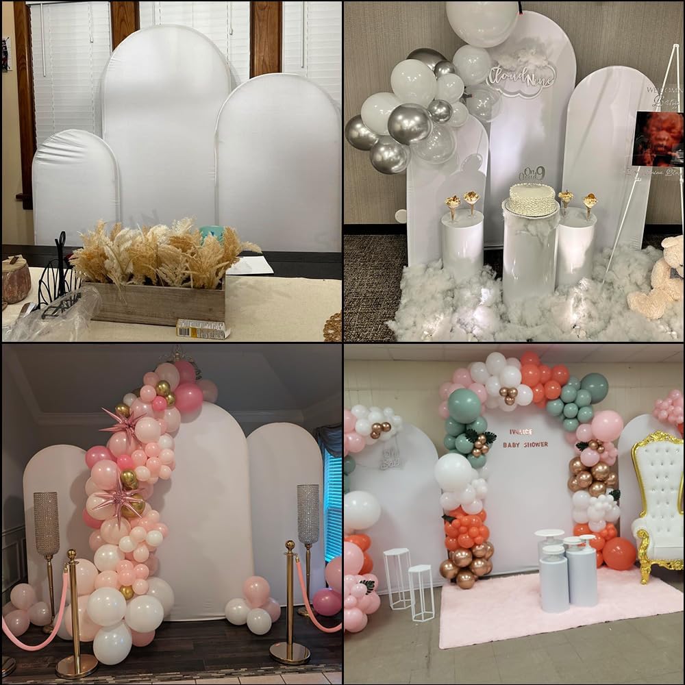 6 Soportes Arco Boda Metal Dorado con Fundas Elastano Blanco