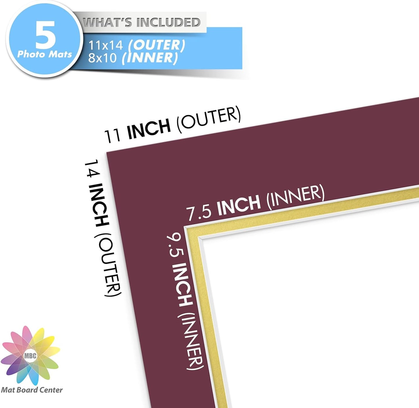 Mat Board 11x14pulg 8x10 marco doble 5pzas granate sobre dorado