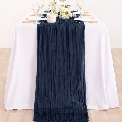 Camino mesa gasa rústica azul marino 35x120pulg para boda