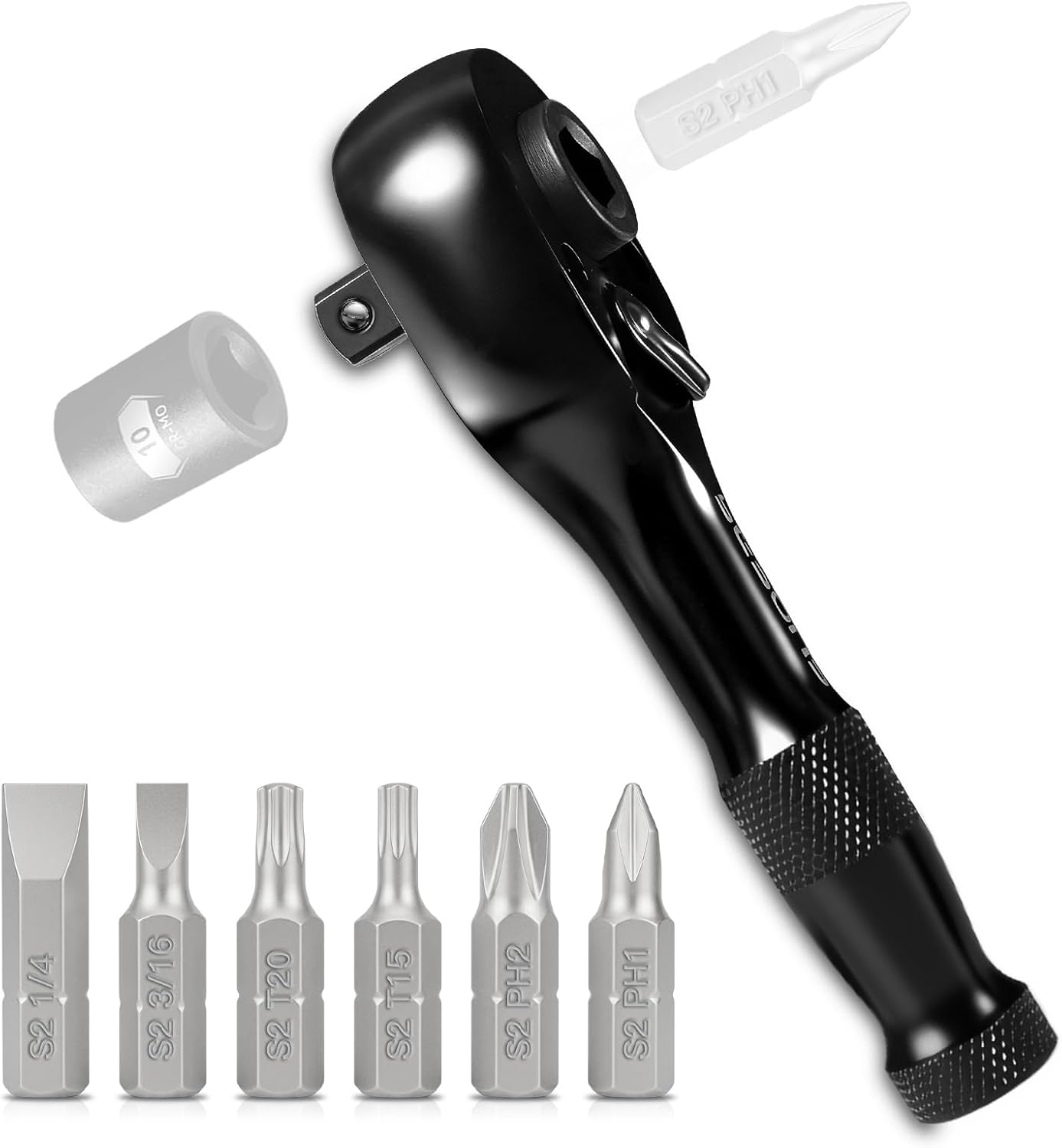 Juego llaves trinquete 1/4 pulg hex 90 dientes rev 2en1