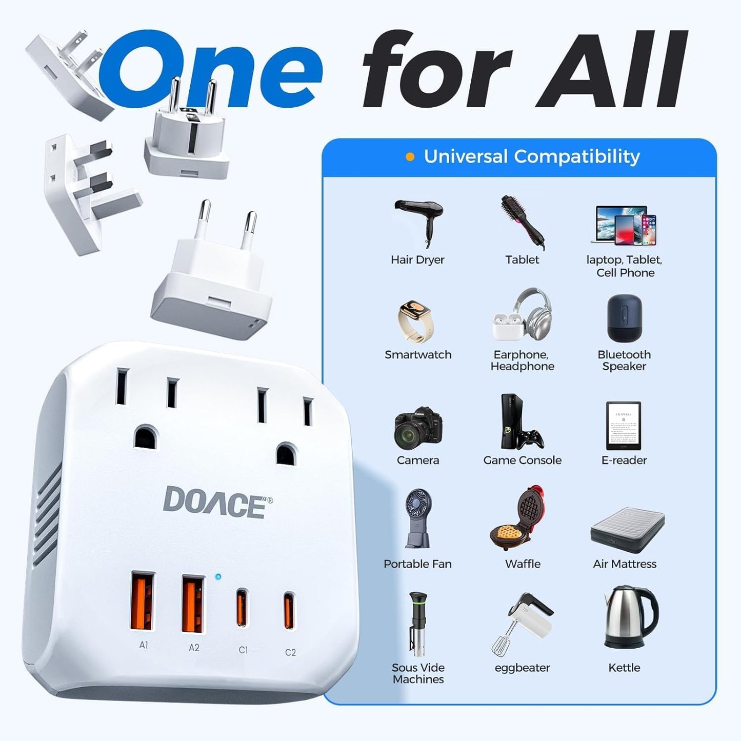Convertidor voltaje 220V a 110V viaje Europa con 2 enchufes PD