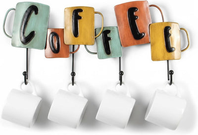 Soporte para taza de café retro con letrero de metal y 4 ganchos