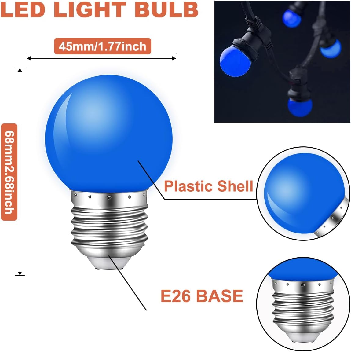Bombilla E26 azul 1W para interiores y exteriores