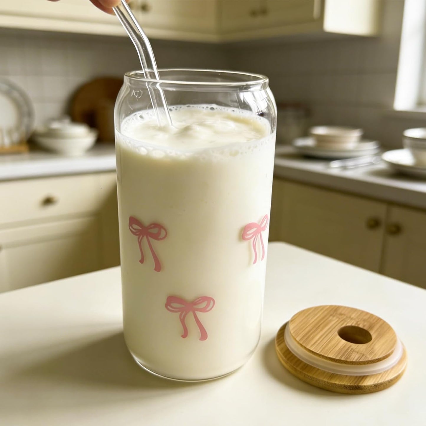 Vasos de vidrio con lazo rosa, tapas de bambú, popotes y cepillos para batidos, café helado y jugos