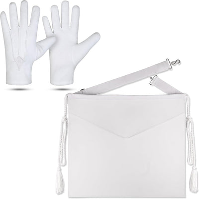 Delantal blanco de piel sintética con borlas y guantes de algodón bordados