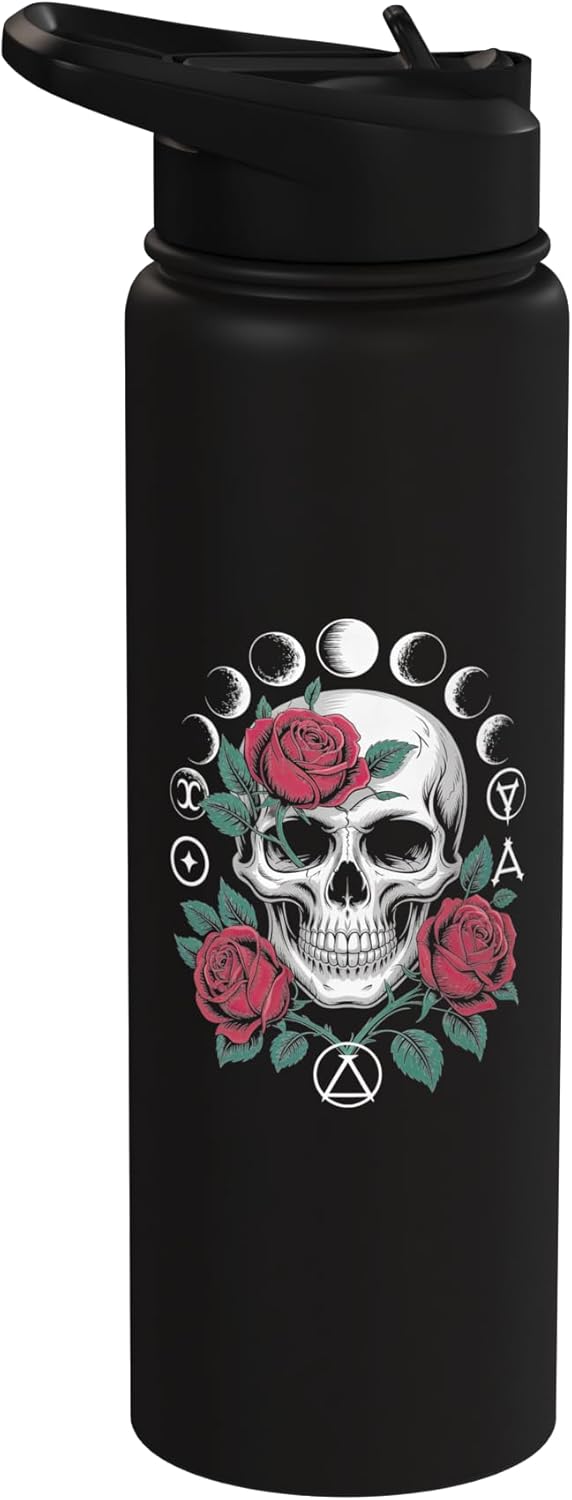 Botella de agua acero inoxidable diseño calaveras luna y rosas