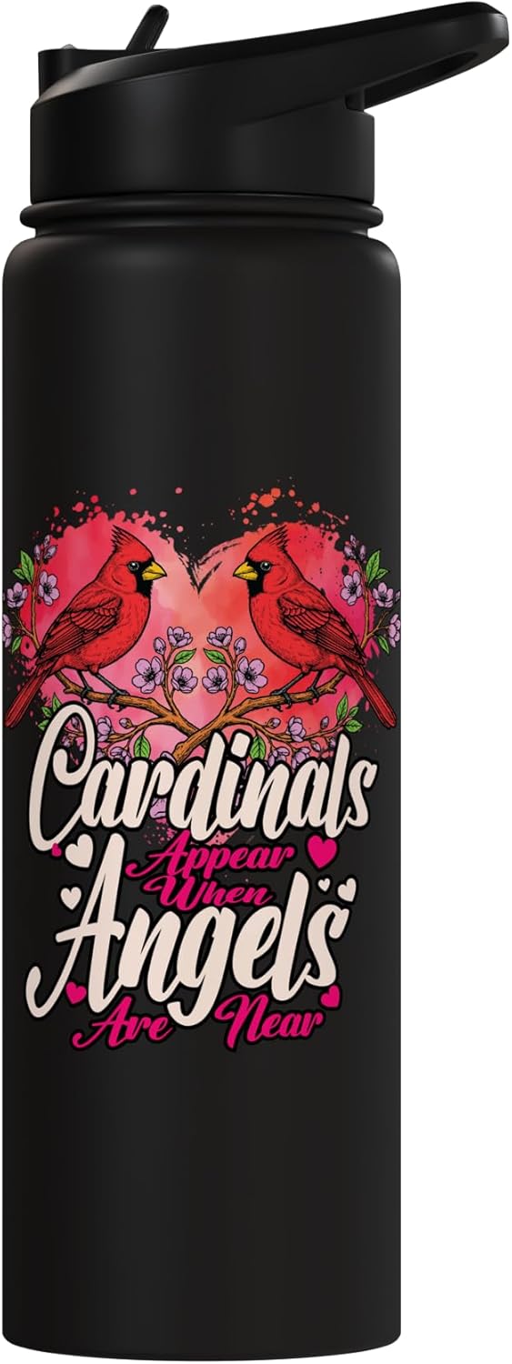 Bote de agua aislado con corazón y cardenal en acero inoxidable