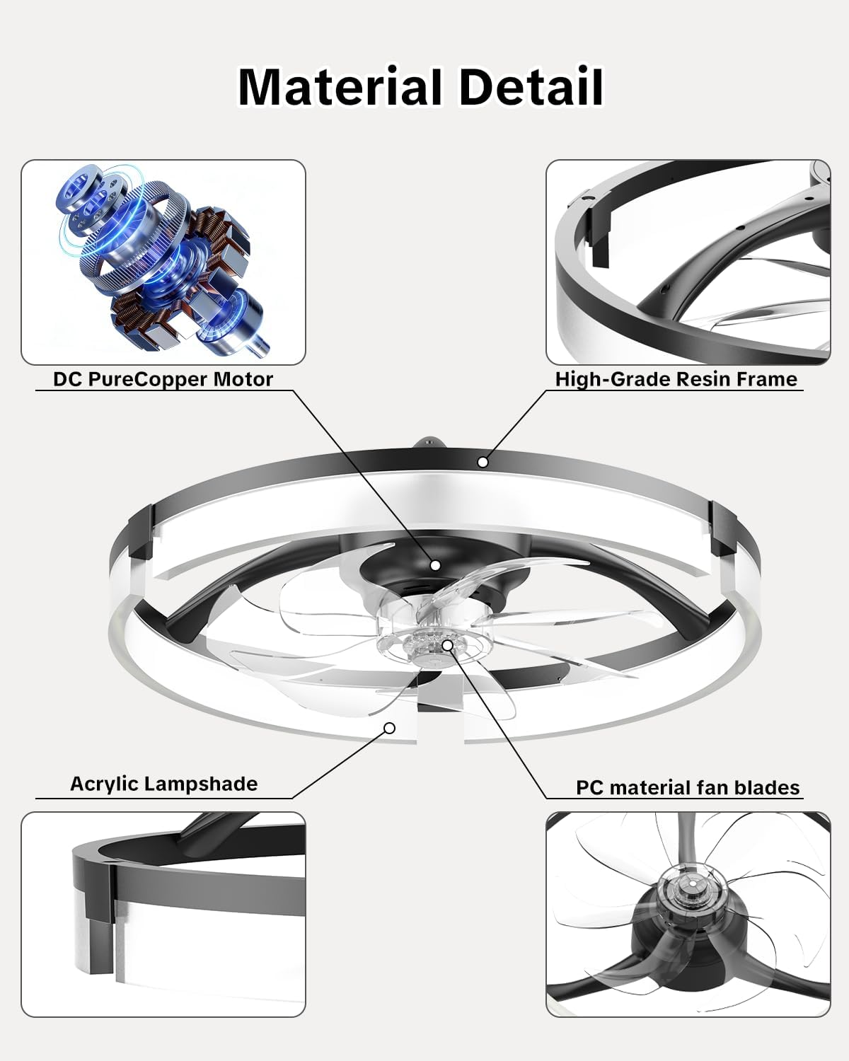 Ventilador techo 20pulg con luz LED 6 velocidades motor CC