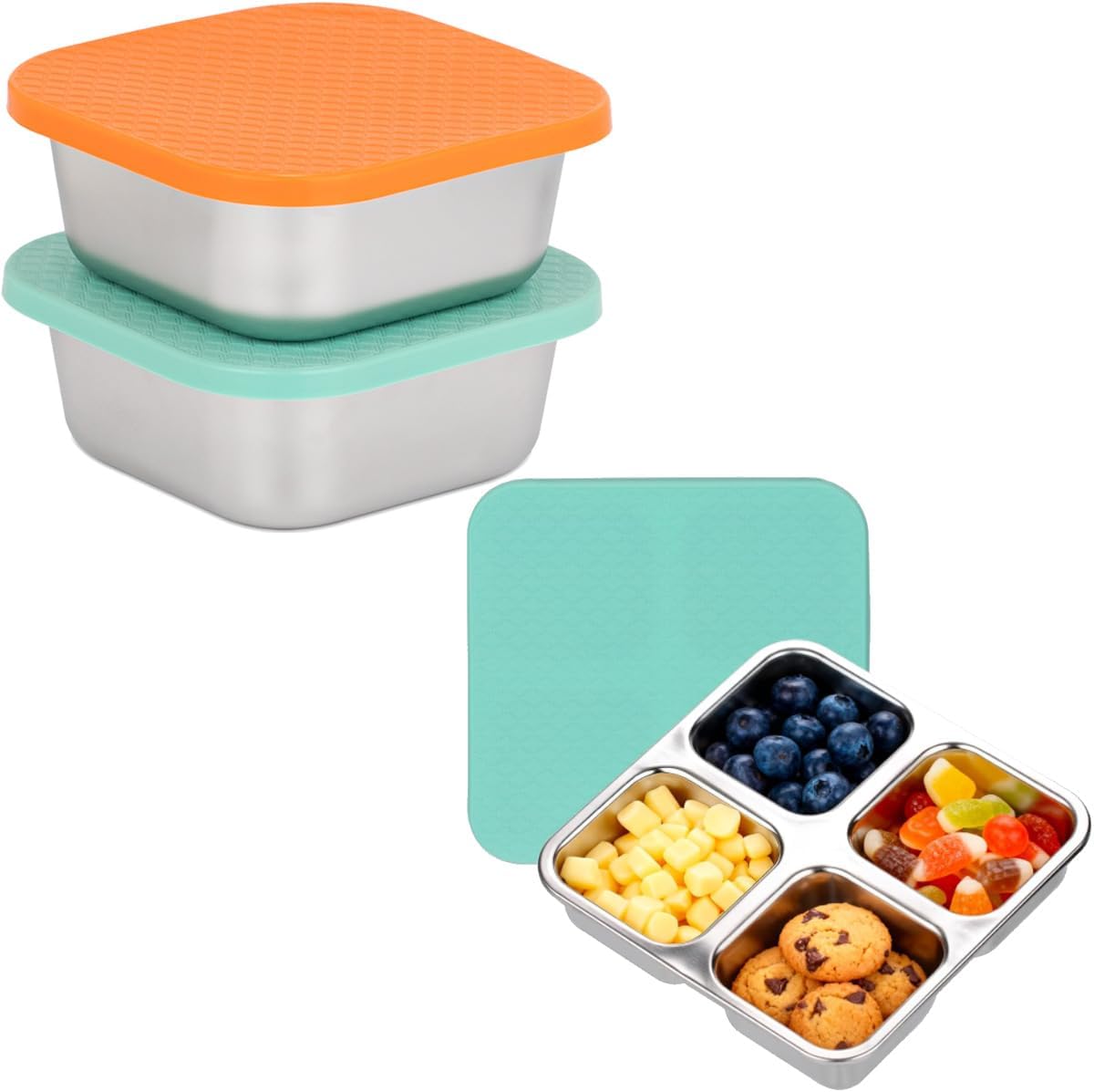 2 Pzas Contenedor Almuerzo Acero Inox 4 Compartimentos