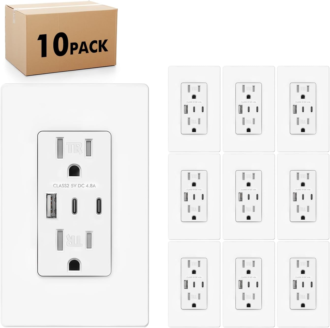 Pack 10 Receptáculos USB C 24W 3 Puertos 15A Resistente