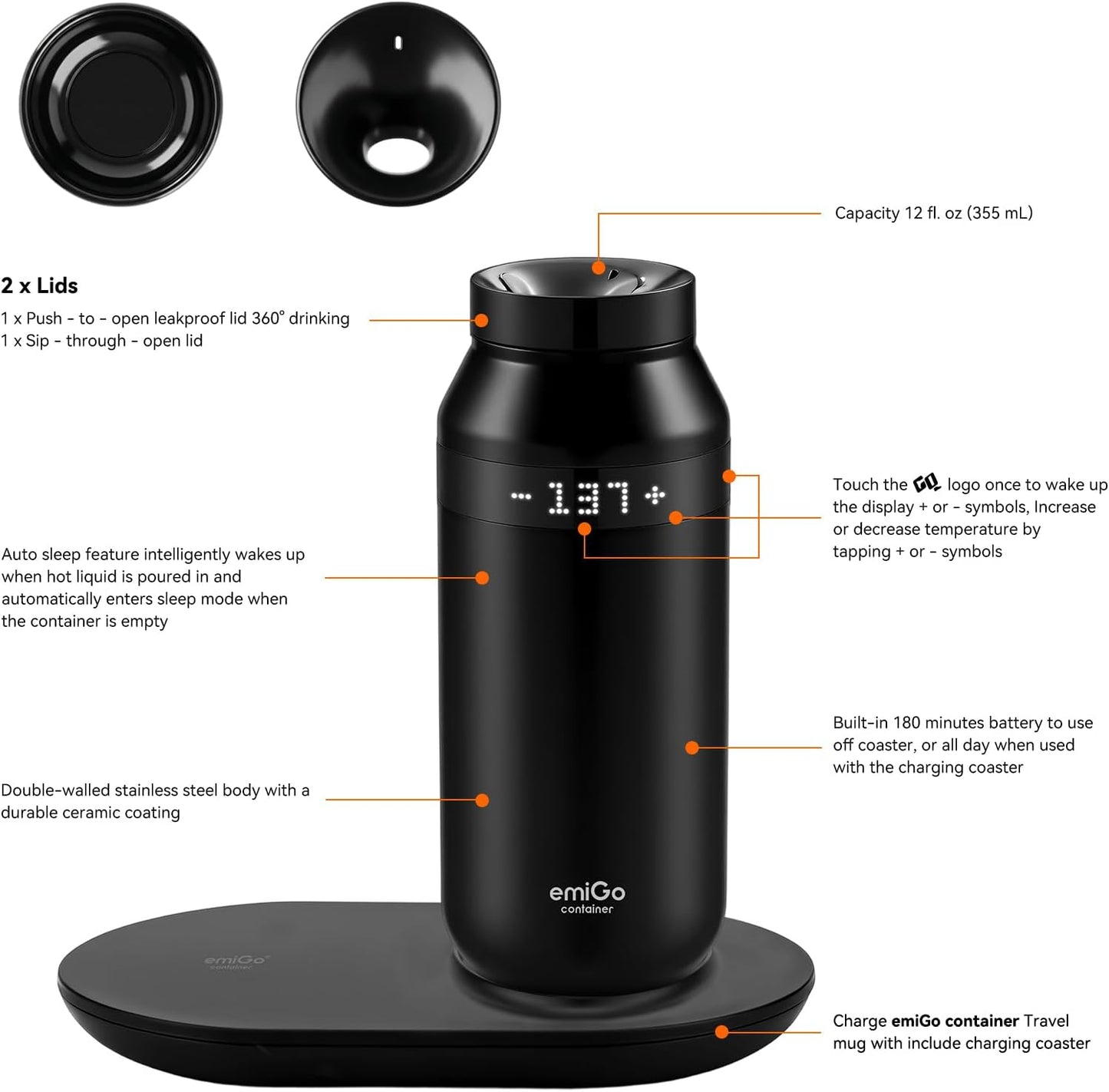 Taza café viaje control temperatura app 12oz IPX7