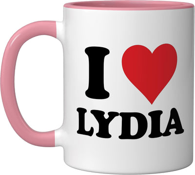 Taza de cerámica personalizada con nombre Lydia en rosa y blanco