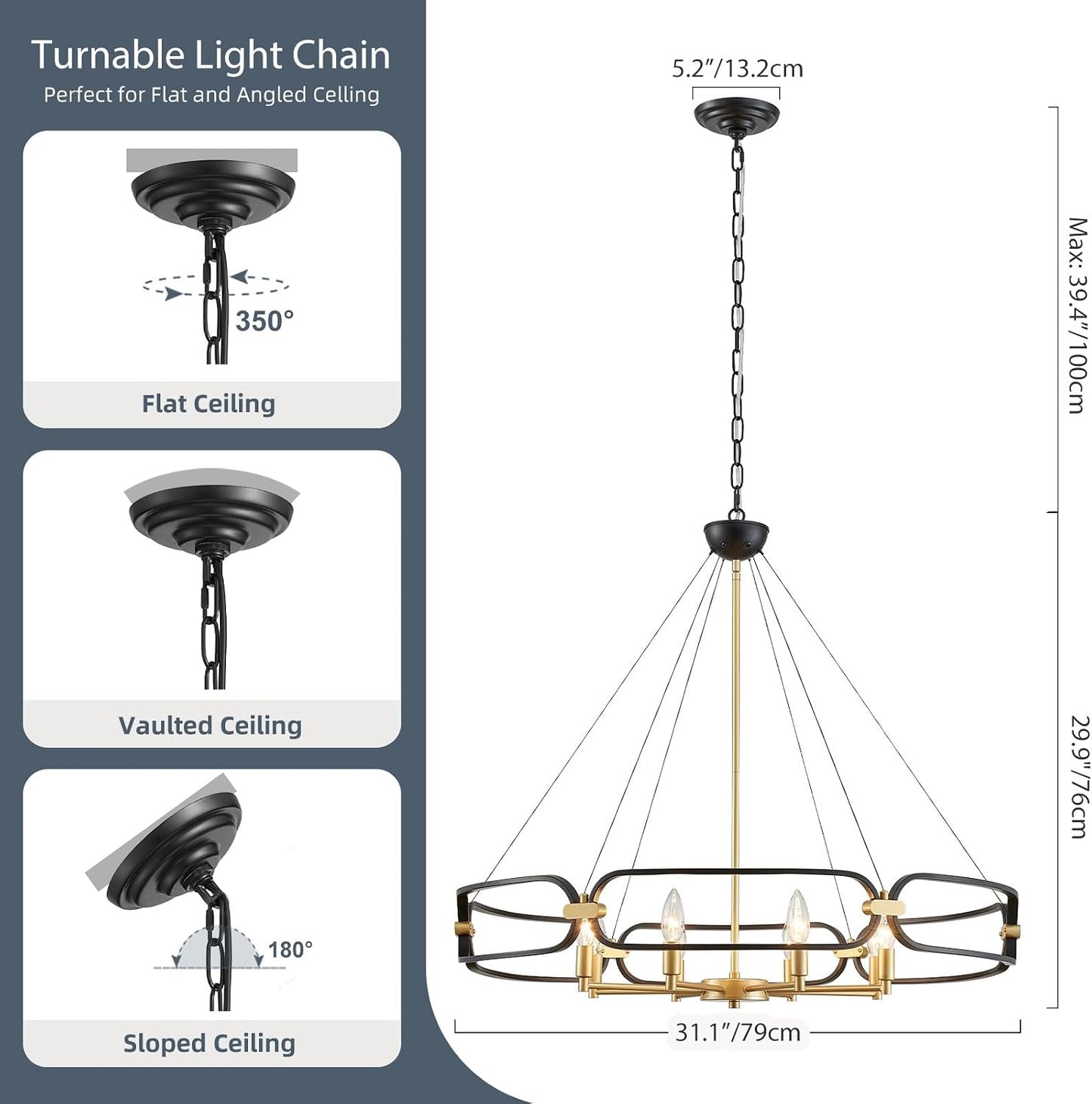 Candelabro industrial 31pulg negro dorado 8 luces comedor sala