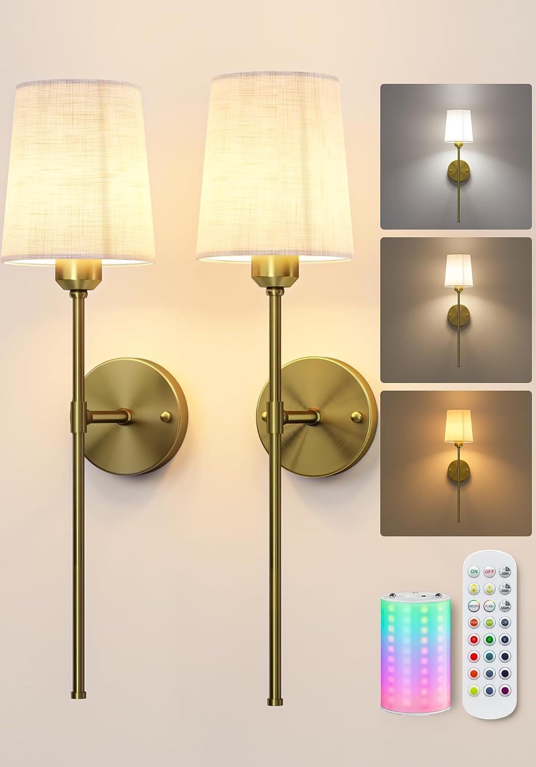 2 Apliques Pared RGB Recargables Control Remoto Sin Cableado