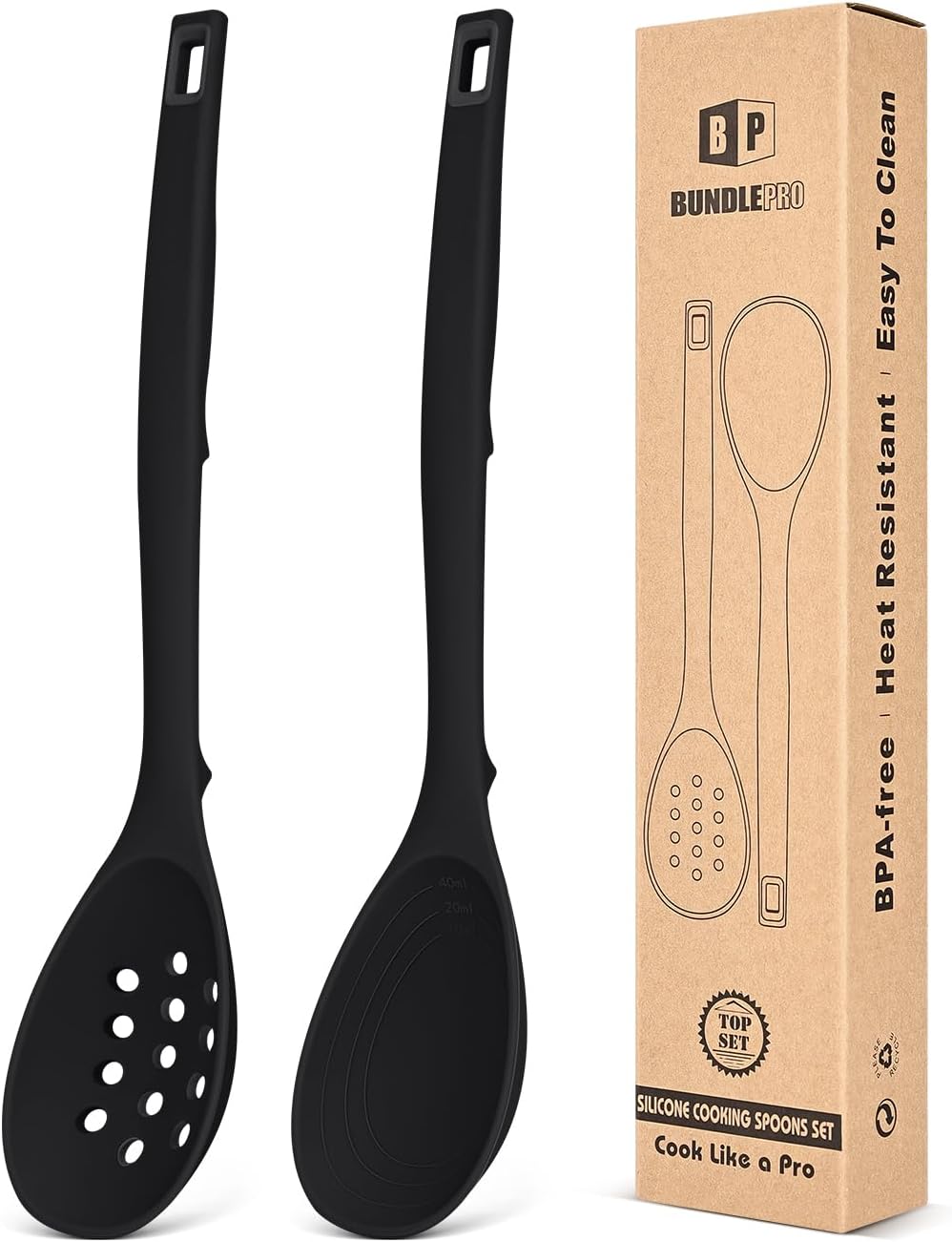 Paquete de 2 cucharas de cocina de silicona antiadherentes con marcas de medición