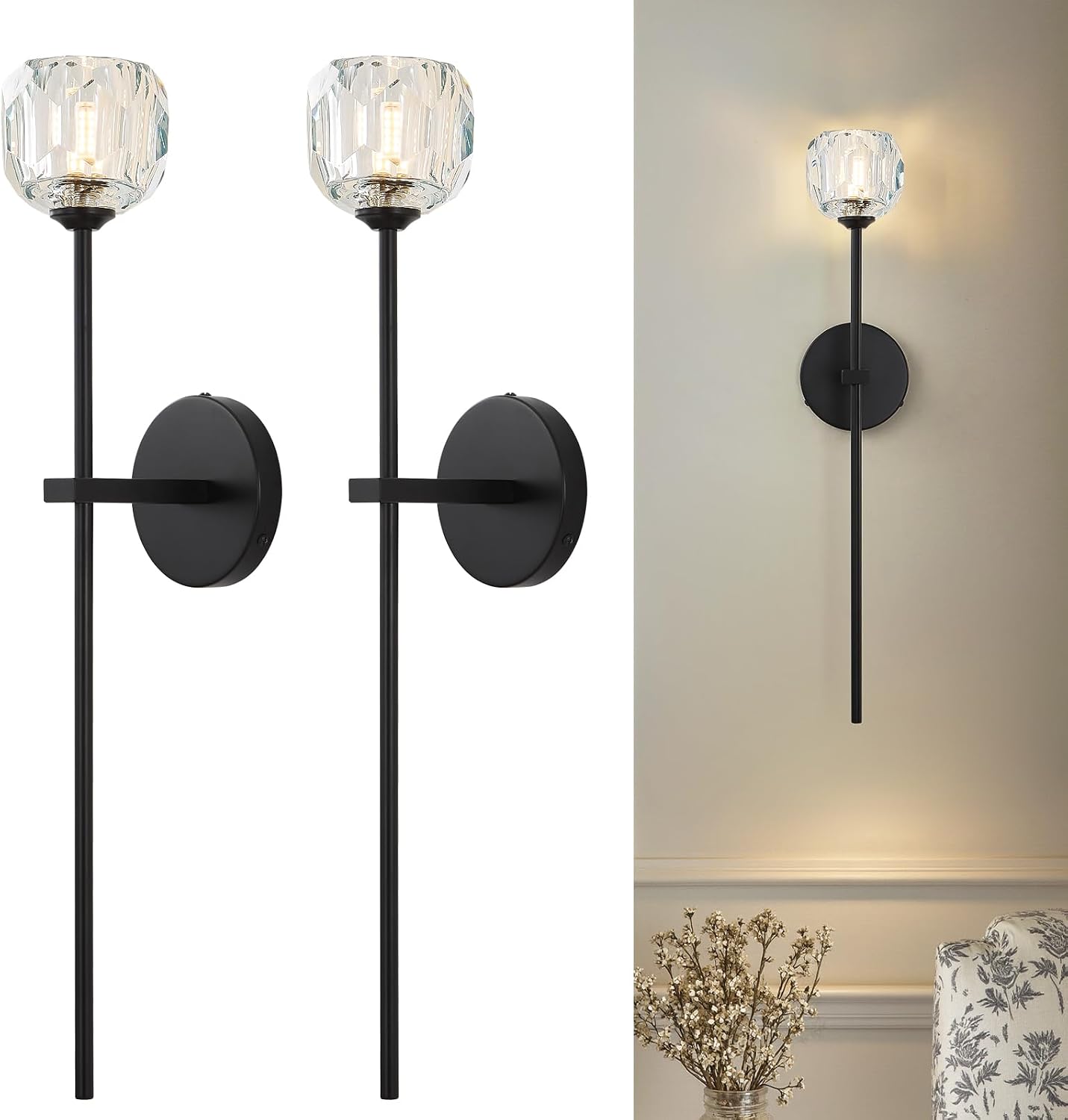 Lámpara pared cristal negro set 2 luces G9 vintage