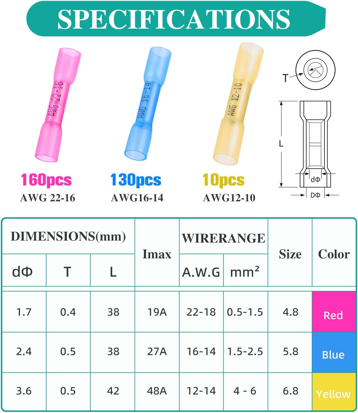 300 Conectores Termorretráctiles Impermeables 22-10 AWG