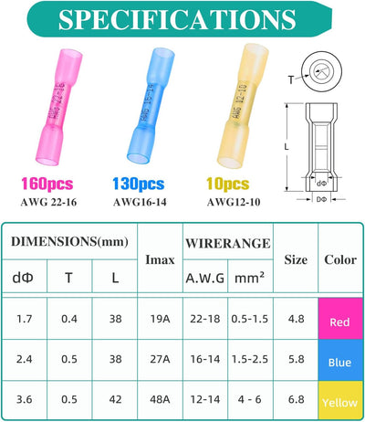 300 Conectores Termorretráctiles Impermeables 22-10 AWG