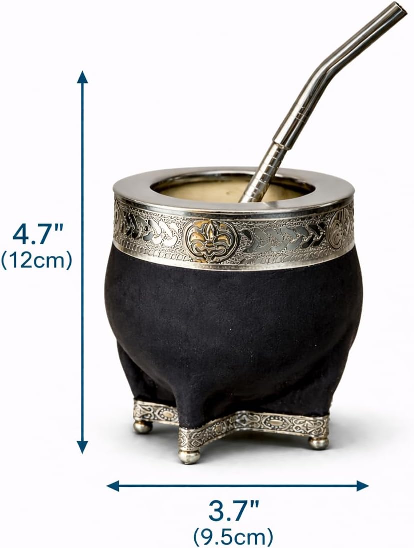 Juego Tazas Yerba Mate Popote Base Alpaca Calabash Cuero