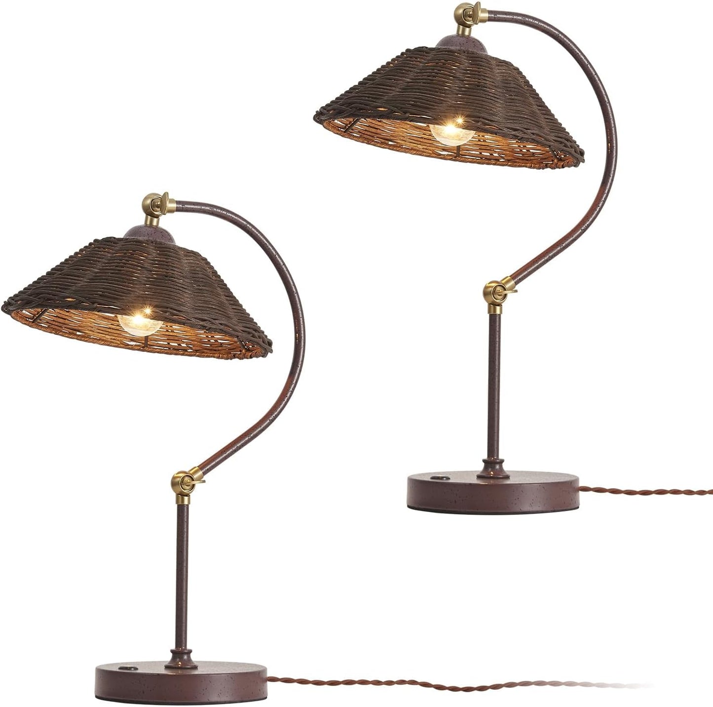 2 Lámparas Mesa Ratán Bohemia Base Hierro Antioxidante Plug & Play
