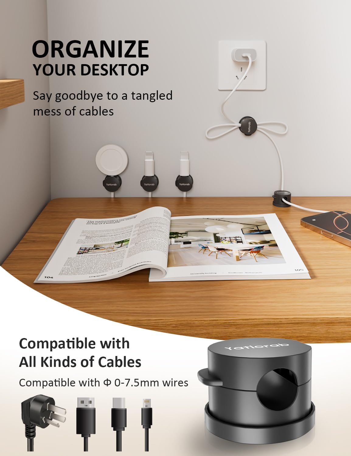Clip organizador cables 5 pzas compatibles 0-8mm