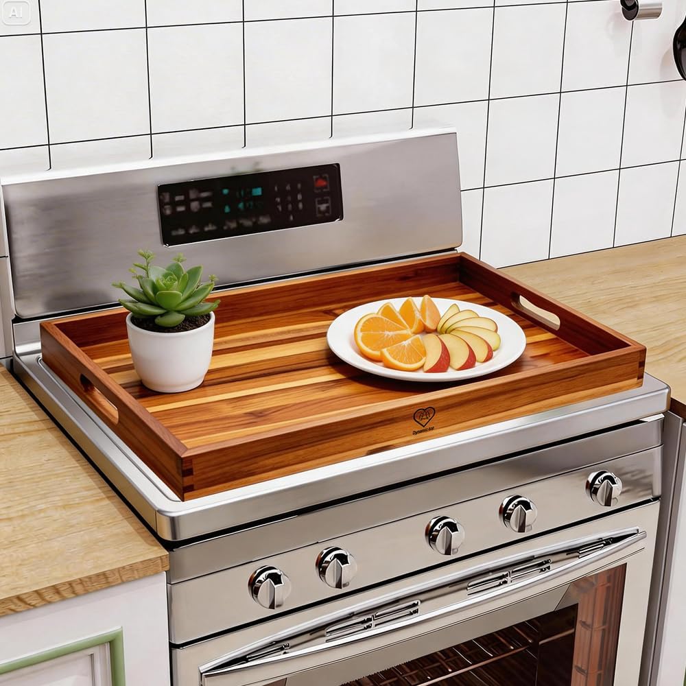 Cubierta de estufa de madera de teca con asas para gas y eléctricas