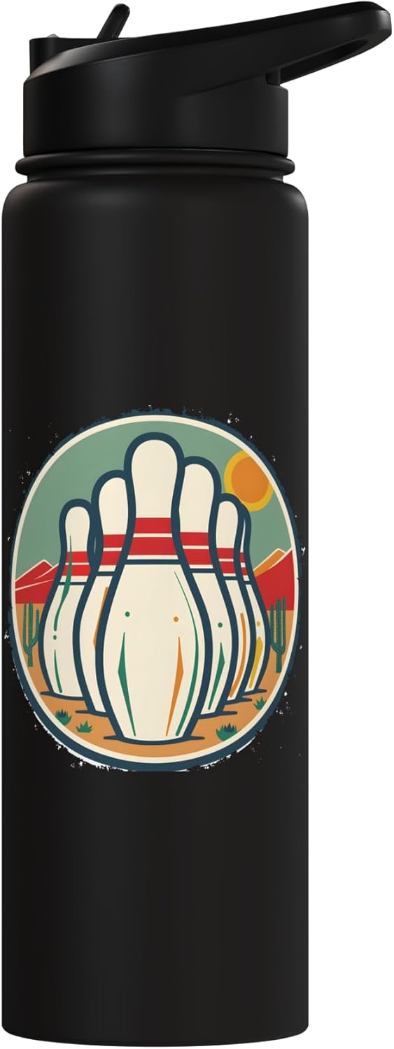 Botella de agua acero inoxidable aislada estilo retro bolos