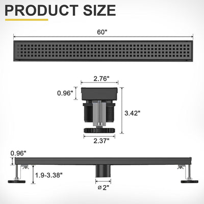 Drenaje ducha 60pulg acero inox 304 negro mate rejilla cuadrada