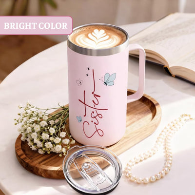 Taza de café aislada de acero inoxidable con letras coloridas y diseño floral